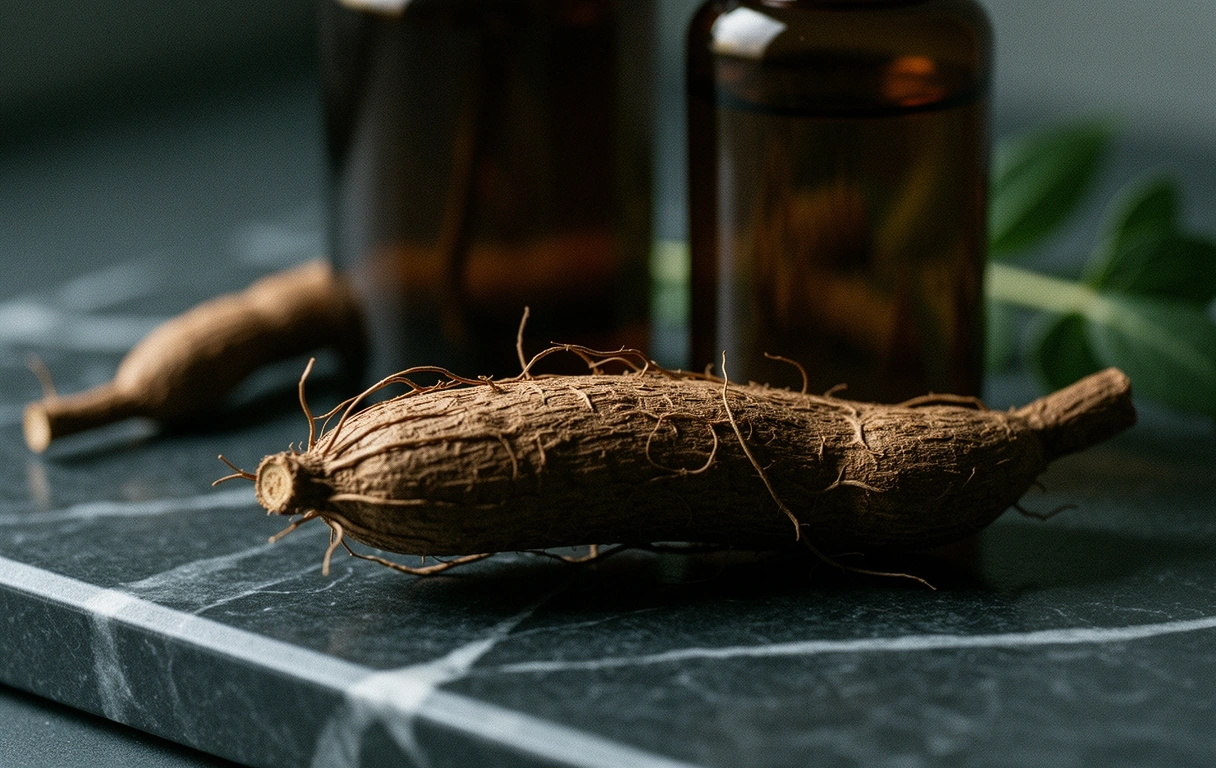 Naturalny korzeń ashwagandhy na ciemnym marmurze